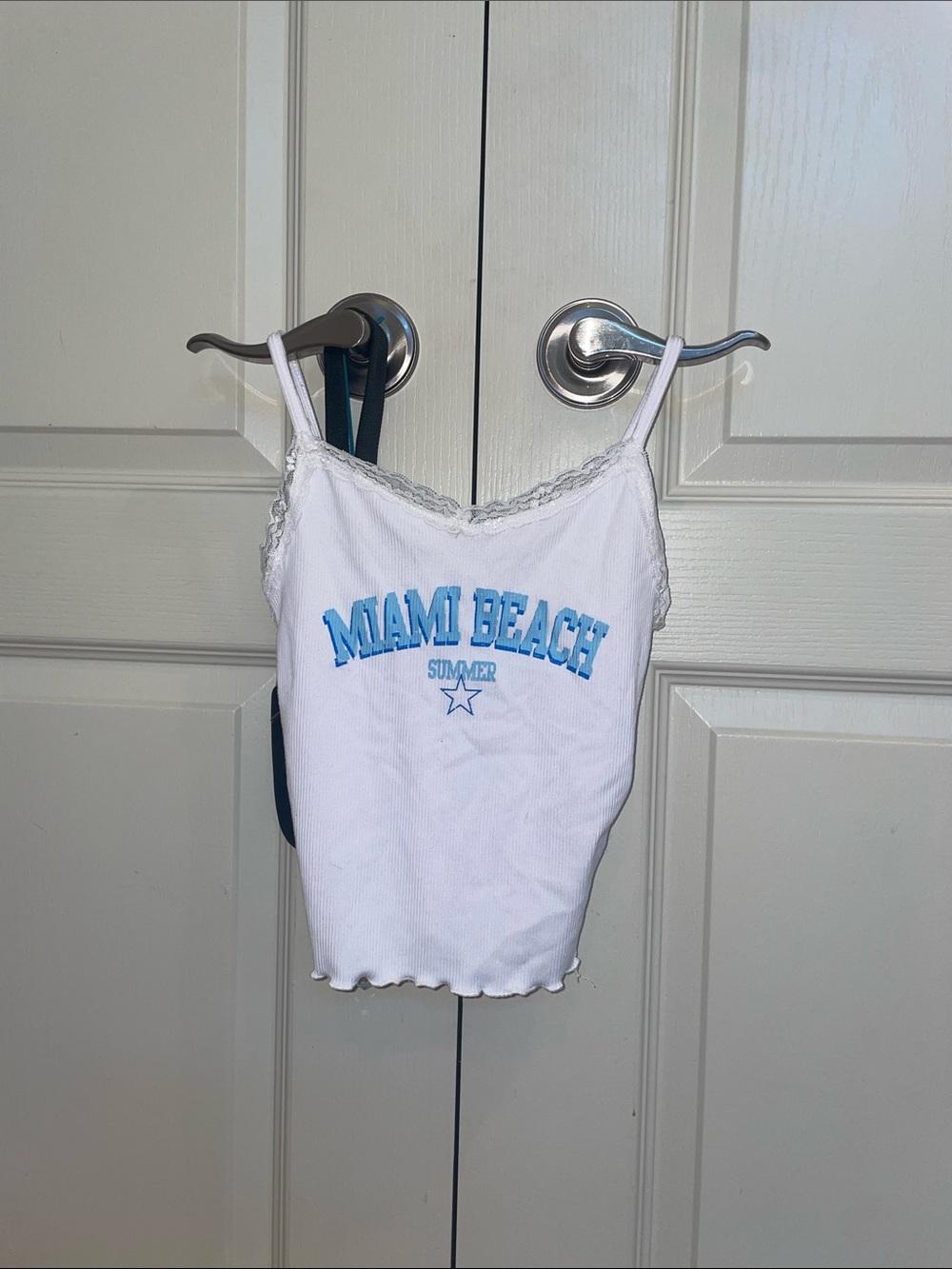 White Miami Beach Ribbed Tank with Blue Print